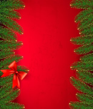 Christmas retro background with gift bow and fir branches. Vecto