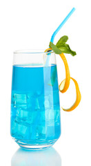 Glass of blue cocktail isolated on white