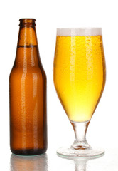 Bottle and glass of beer isolated on white