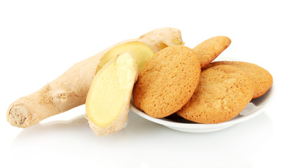 Ginger cookies with fresh ginger root isolated on white