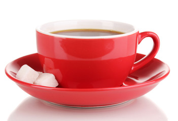 A red cup of strong coffee isolated on white