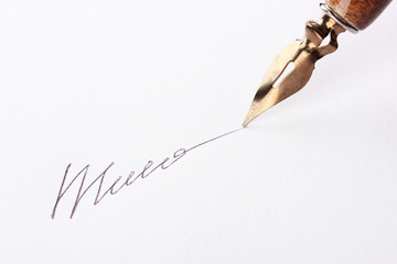 Closeup of signature (fake, not real) and ink pen, isolated