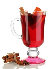 Fragrant mulled wine in glass isolated on white