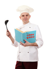 portrait of chef with cookbook isolated on white