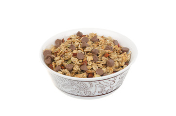 homemade granola with chocolate drops isolated on white