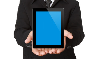 Hands with tablet computer. Isolated on white background.