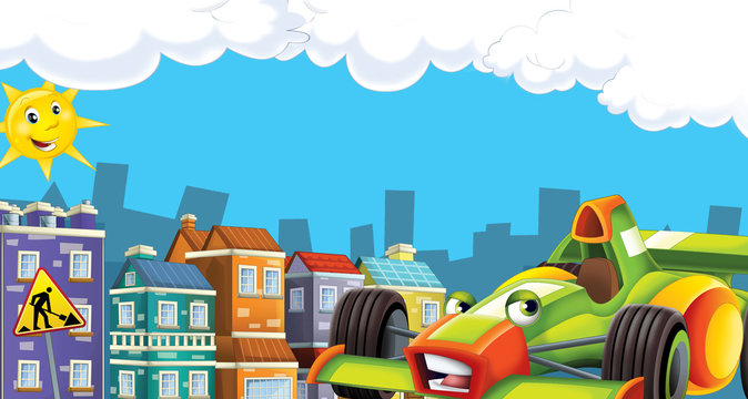 Cartoon scene of a town with sports car - illustration for children © honeyflavour