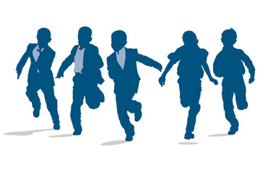 Silhouettes of elementary school children running outside