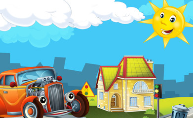 Naklejka premium Cartoon city look with hotrod