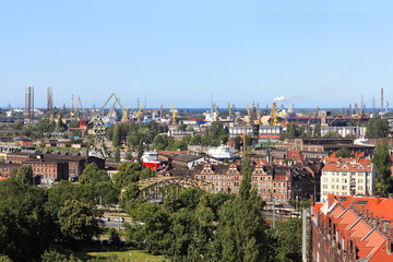Top view on the shipyards and the port of Gdansk, Poland.
