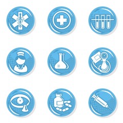 medyczny zestaw ikon błyszczący błękit zdrowie badania - obrazy, fototapety, plakaty