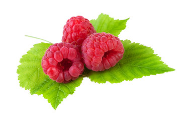 raspberry with leaf isolated on white background