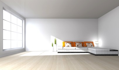 Wohnzimmer möbliert mit großem Fenster