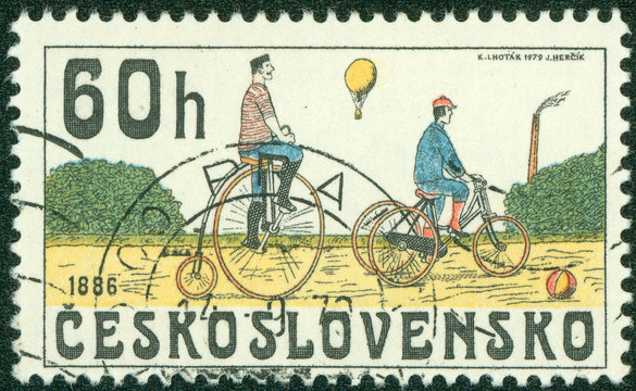 Stamp printed in CZECHOSLOVAKIA shows the Bicycles from 1886