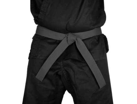 Karate Grey Belt Tied Around Torso Black Uniform