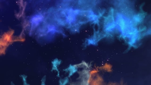 Slowly travelling through colorful nebula clouds.