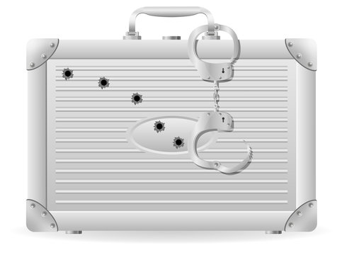 metal suitcase with handcuffs riddled with bullets vector illust