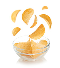 Bowl of potato chips  isolated on white background