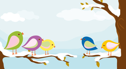 birds on tree with winter season background