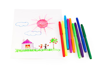 Childish picture and felt-tip pen