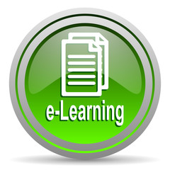 e-learning green glossy icon on white background