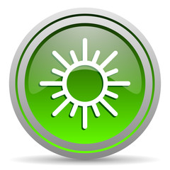sun green glossy icon on white background