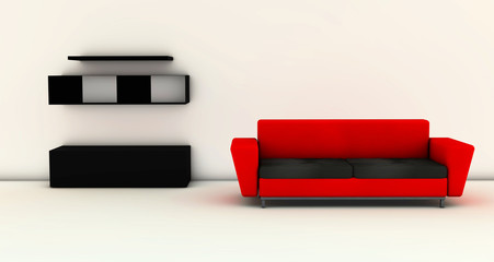 3D Living room with red sofa