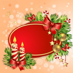 Christmas card with burning candles and  Christmas tree branches