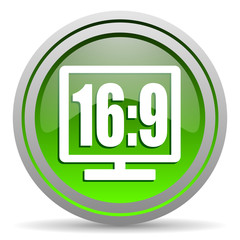 16 9 display green glossy icon on white background
