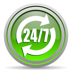 24/7 service green glossy icon on white background