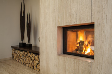 Travertine house: fireplace