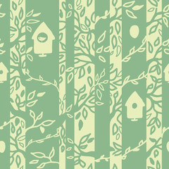 Vector birds houses in forest seamless pattern background with