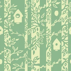 Wall murals Birds in the wood Vector birds houses in forest seamless pattern background with