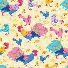 Vector fun chickens seamless pattern background with hand drawn