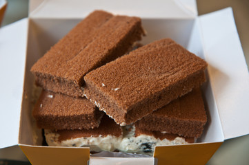 piece of chocolate cake in box