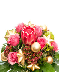 bouquet of exotic flower protea and pink roses