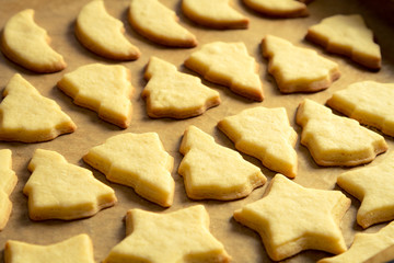 Closeup baked homemade cookies on a baking tray