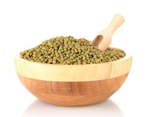 Green mung beans  with scoop in bowl isolated on white