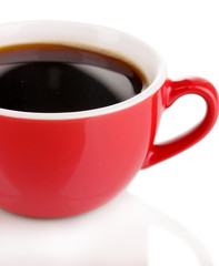 A red cup of strong coffee isolated on white