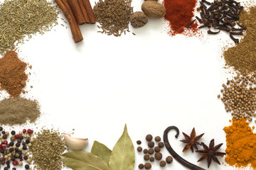 Herbs and spices border on white background © udra11