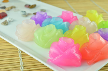 Closeup of colorful Thai Sweetmeat pudding, Khanom Chan