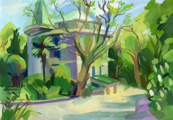 Obraz premium Crimean sketch in gouache. Gurzuf. Hand-drawn