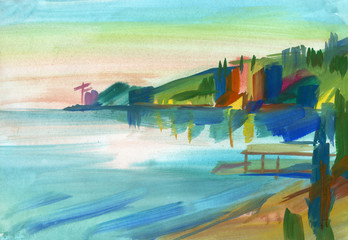 Crimean sketch in gouache. Gurzuf. Hand-drawn