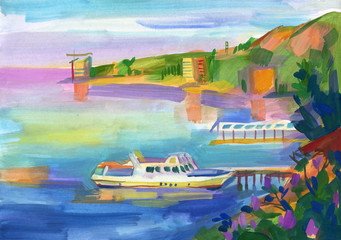 Crimean sketch in gouache. Gurzuf. Hand-drawn