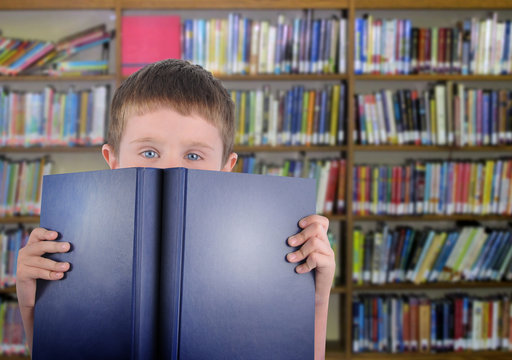 Boy with Blue Book in Library