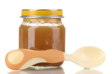 Useful and tasty baby food with beige small spoon  isolated