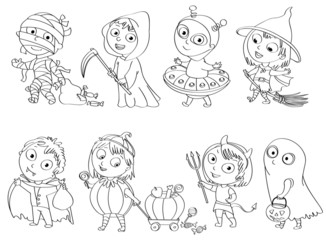 Happy Halloween. Funny little children in colorful costumes