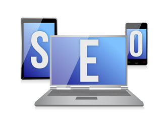 Text SEO on screen of laptop, tablet and phone