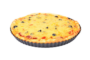 Homemade pizza on baking sheet, isolated on white background