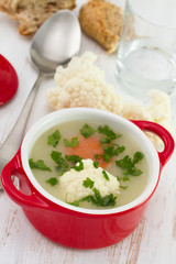 cauliflower soup with carrot and parsley in the red bowl